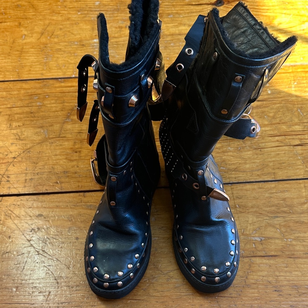 Rose Gold Studded Black Leather Shearling Boots